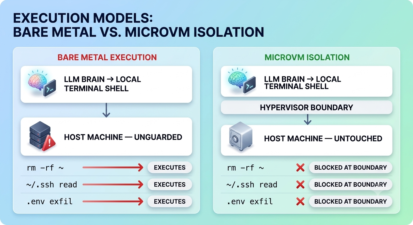 Execution models compared: bare metal execution versus MicroVM isolation — the hypervisor boundary blocks rm -rf, SSH key reads, and .env exfiltration from ever reaching the host
